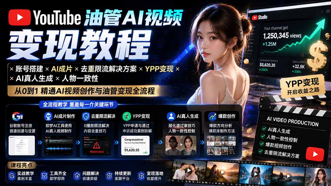 YouTube油管AI视频变现教程：账号搭建×AI成片×去重限流解决方案×YPP变现×AI真人生成×人物一致性-超级会员网