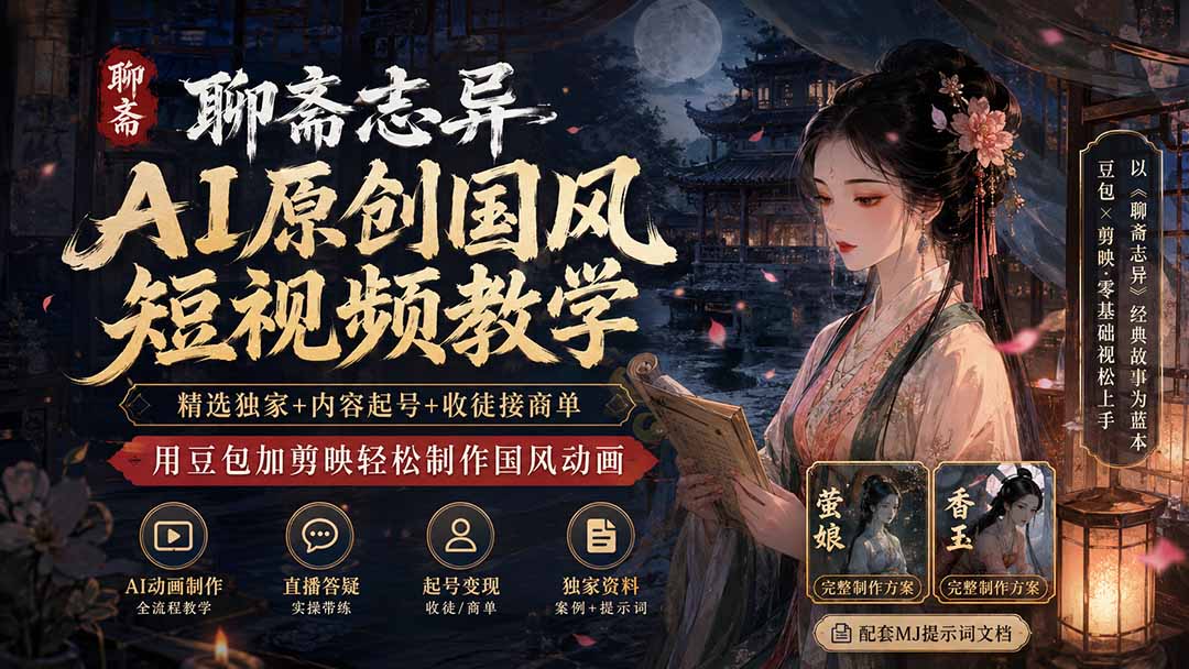 聊斋志异AI原创国风短视频教学；精选独家+内容起号+收徒接商单，用豆包加剪映轻松制作国风动画-超级会员网