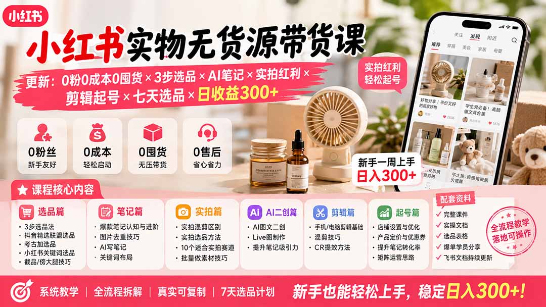 小红书实物无货源带货课-更新：0粉0成本0囤货×3步选品×AI笔记×实拍红利×剪辑起号×七天选品×日收益300+-超级会员网