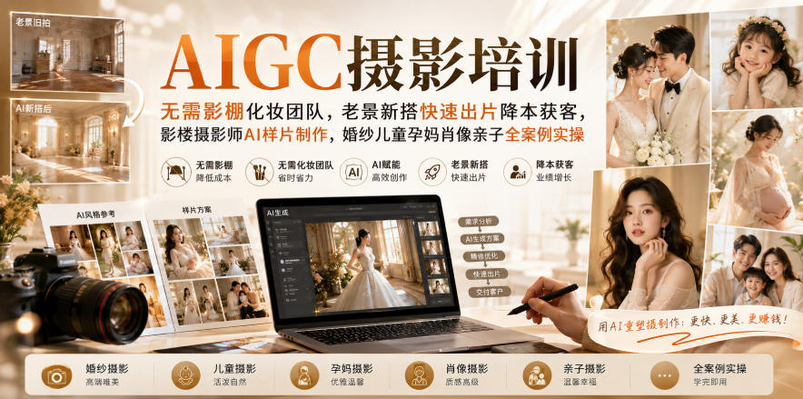 AIGC摄影培训｜无需影棚化妆团队，老景新搭快速出片降本获客，影楼摄影师AI样片制作，婚纱儿童孕妈肖像亲子全案例实操-超级会员网