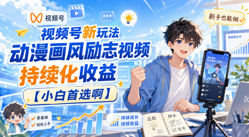 视频号新玩法动漫画风励志视频，持续化收益【小白首选啊】-超级会员网
