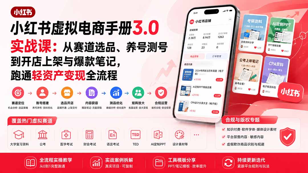 小红书虚拟电商手册3.0实战课：从赛道选品、养号测号到开店上架与爆款笔记，跑通轻资产变现全流程-超级会员网