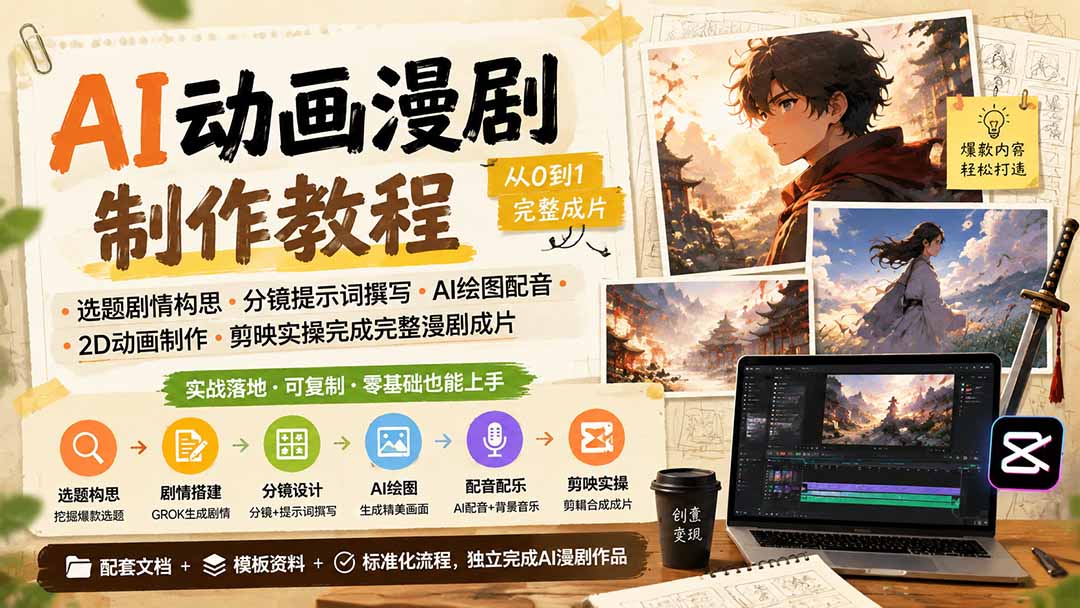 AI动画漫剧制作教程｜选题剧情构思·分镜提示词撰写·AI绘图配音·2D动画制作·剪映实操完成完整漫剧成片-超级会员网