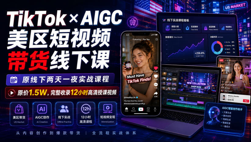 TikTok×AIGC美区短视频带货线下课，原线下两天一夜实战课程，原价1.5W，完整收录12小时高清授课视频-超级会员网
