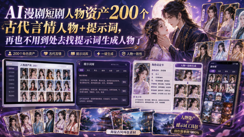AI漫剧短剧人物资产200个古代言情人物+提示词，再也不用到处去找提示词生成人物了-超级会员网