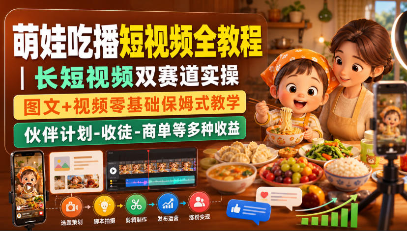 萌娃吃播短视频全教程｜长短视频双赛道实操，图文+视频零基础保姆式教学，伙伴计划-收徒-商单等多种变现方式-超级会员网