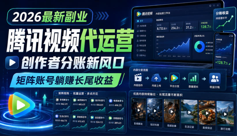 2026最新副业之腾讯视频代运营：创作者分账新风口，矩阵账号躺賺长尾收益【揭秘】-超级会员网