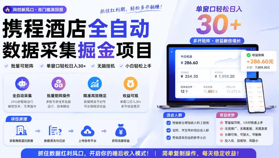 携程酒店采集挂G项目，批量可矩阵，单机轻松日入300+，开启你的睡后收入模式!【揭秘】-超级会员网