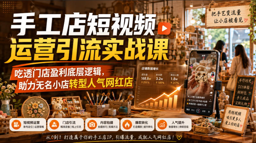 手工店短视频运营引流实战课，吃透门店盈利底层逻辑，助力无名小店转型人气网红店-超级会员网