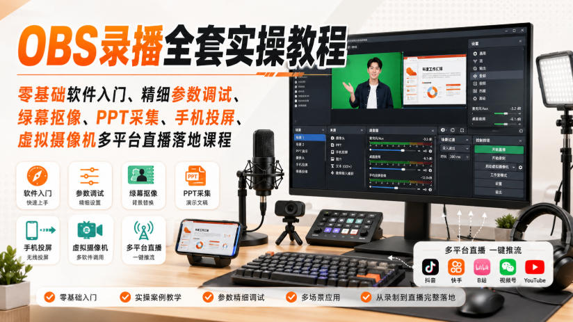 OBS录播全套实操教程｜零基础软件入门、精细参数调试、绿幕抠像、手机投屏、虚拟摄像机多平台直播落地课程-超级会员网