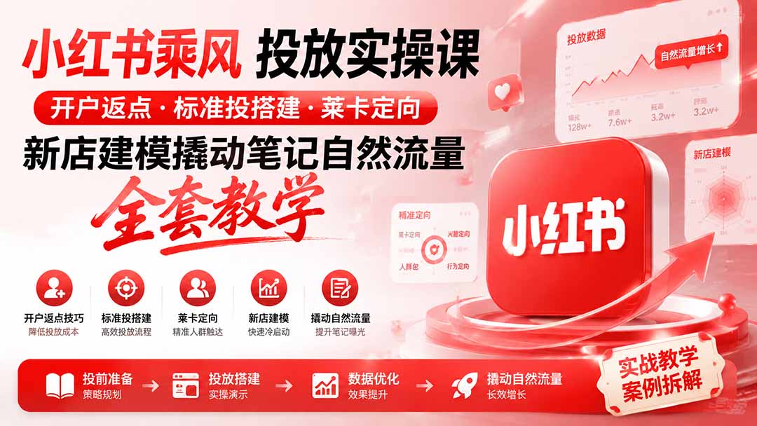 小红书乘风投放-100分钟实操课｜开户返点·标准投搭建·莱卡定向，新店建模撬动笔记自然流量全套教学-超级会员网