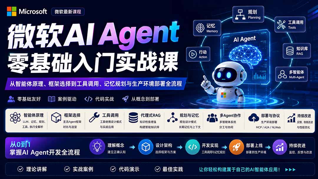 微软AI Agent零基础入门实战课：从智能体原理、框架选择到工具调用、记忆规划与生产环境部署全流程-超级会员网