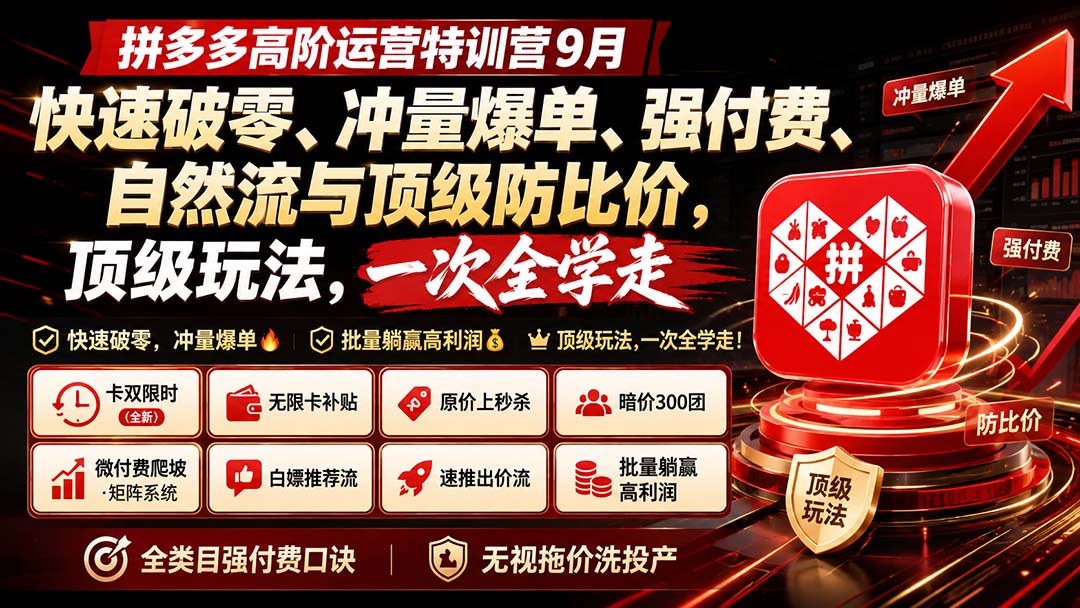 拼多多高阶运营特训营9月：快速破零、冲量爆单、强付费、自然流与顶级防比价， 顶级玩法，一次全学走-超级会员网