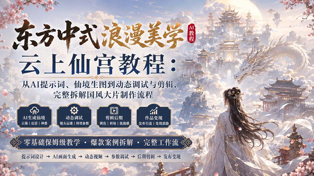 东方中式浪漫美学云上仙宫教程：从AI提示词、仙境生图到动态调试与剪辑，完整拆解国风大片制作流程-超级会员网