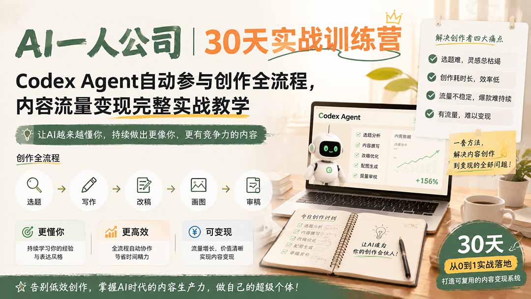 AI一人公司｜30天实战训练营；Codex Agent自动参与创作全流程，内容流量变现完整实战教学-超级会员网