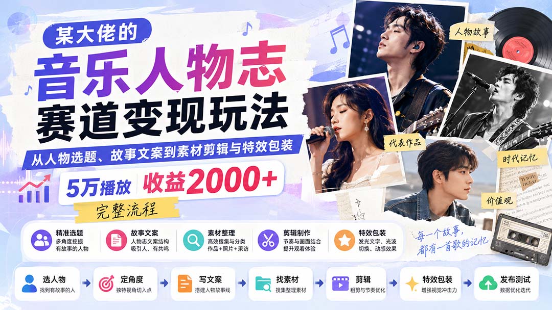 某大佬的音乐人物志赛道变现玩法：从人物选题、故事文案到素材剪辑与特效包装，5万播放收益2000+完整流程-超级会员网