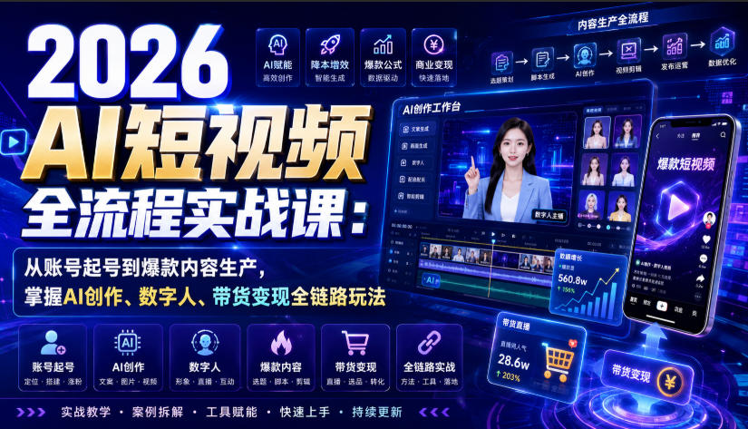 2026 AI短视频全流程实战课：从账号起号到爆款内容生产，掌握AI创作、数字人、带货变现全链路玩法-超级会员网