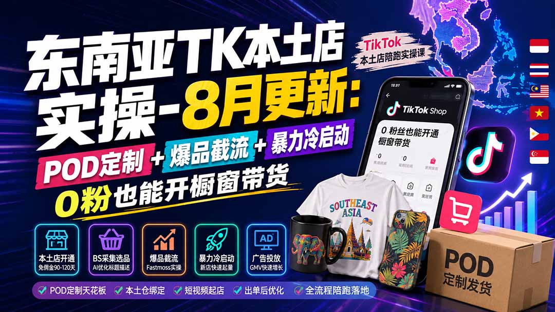 东南亚TK本土店实操-8月更新：POD定制+爆品截流+暴力冷启动，0粉也能开橱窗带货-超级会员网