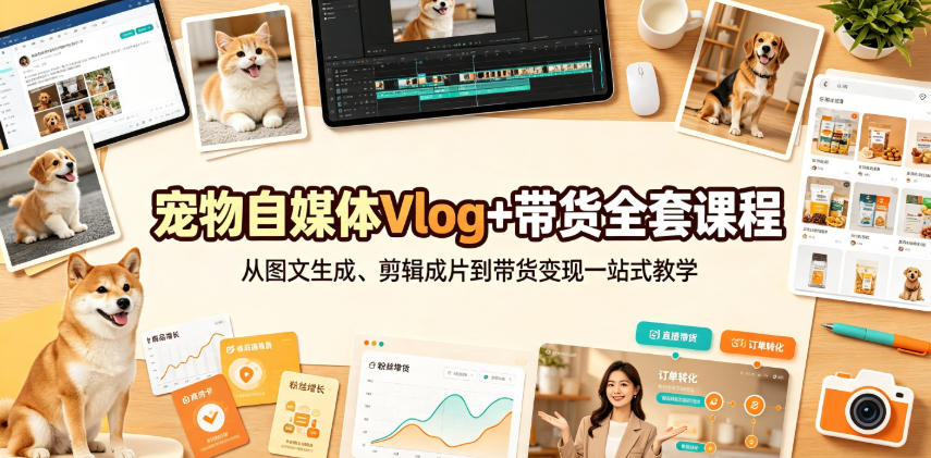 宠物自媒体Vlog+带货全套课程｜从图文生成、剪辑成片到带货变现一站式教学-超级会员网