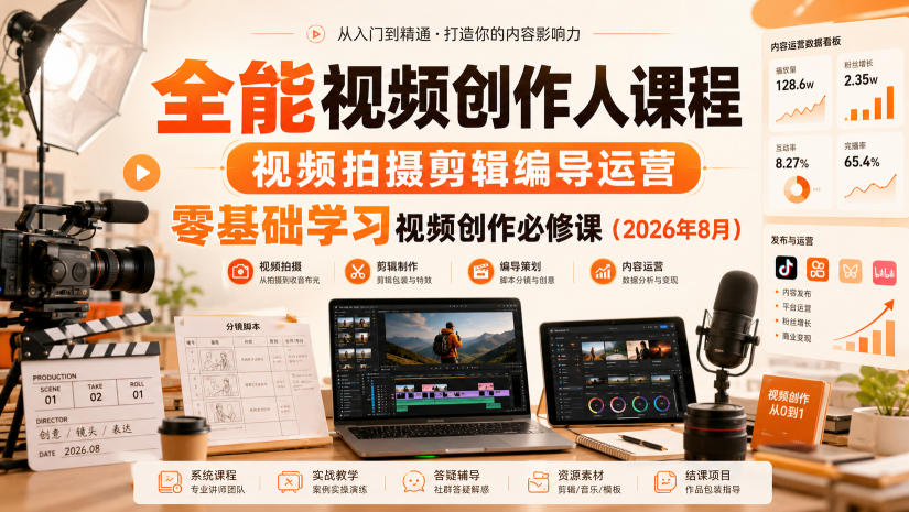 全能视频创作人课程，视频拍摄剪辑编导运营，零基础学习视频创作必修课(2026年8月)-超级会员网