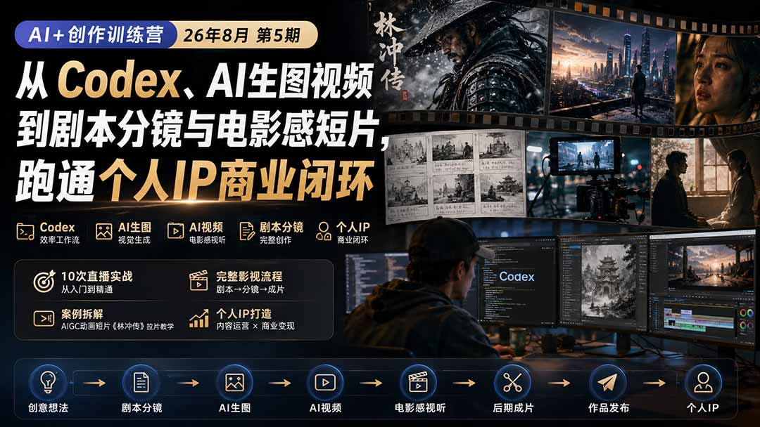 AI+创作训练营26年8月第5期：从Codex、AI生图视频到剧本分镜与电影感短片，跑通个人IP商业闭环-超级会员网