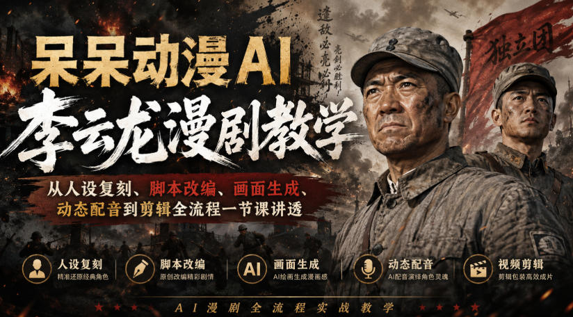 呆呆动漫AI李云龙漫剧教学，从人设复刻、脚本改编、画面生成、动态配音到剪辑全流程一节课讲透-超级会员网