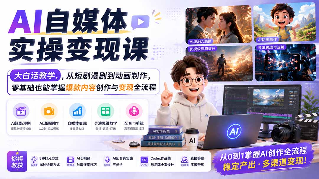 AI自媒体实操变现课｜大白话教学，从短剧漫剧到动画制作，零基础也能掌握爆款内容创作与变现全流程-超级会员网