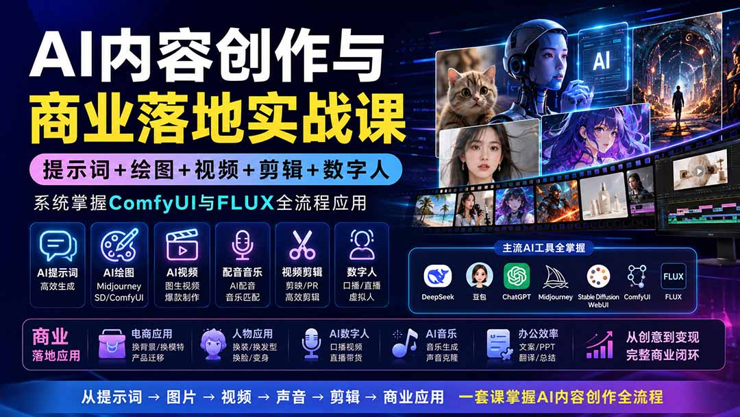 AI内容创作与商业落地实战课：提示词+绘图+视频+剪辑+数字人，系统掌握ComfyUI与FLUX全流程应用-超级会员网