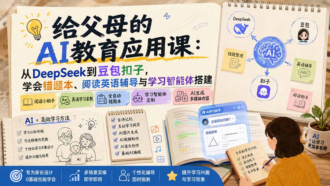 给父母的AI教育应用课：从DeepSeek到豆包扣子，学会错题本、阅读英语辅导与学习智能体搭建-超级会员网