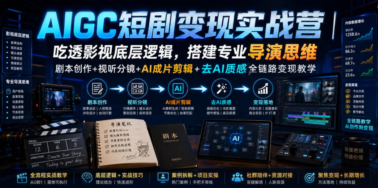 AIGC短剧变现实战营｜吃透影视底层逻辑，搭建专业导演思维，剧本创作+视听分镜+AI成片剪辑+去AI质感全链路变现教学-超级会员网