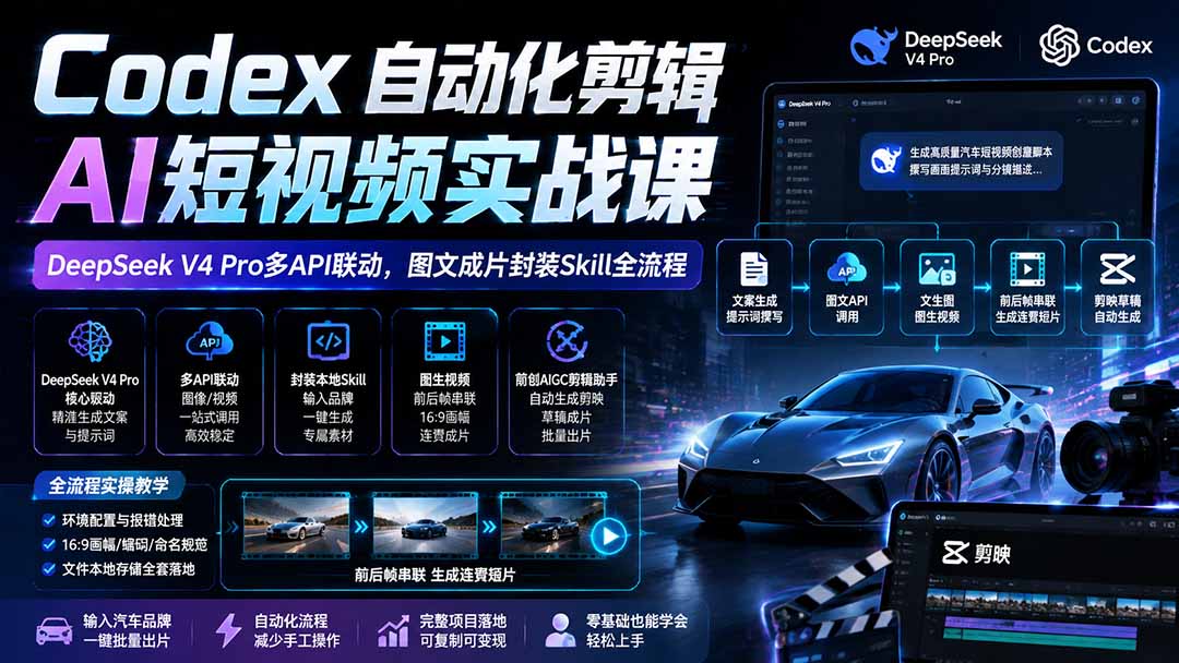 Codex自动化剪辑AI短视频实战课｜DeepSeek V4 Pro多API联动，图文成片封装Skill全流程-超级会员网