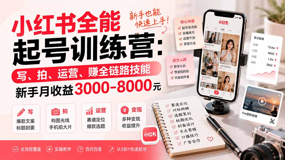 小红书全能起号训练营-更新：写、拍、运营、赚全链路技能，新手月收益3000-8000元-超级会员网