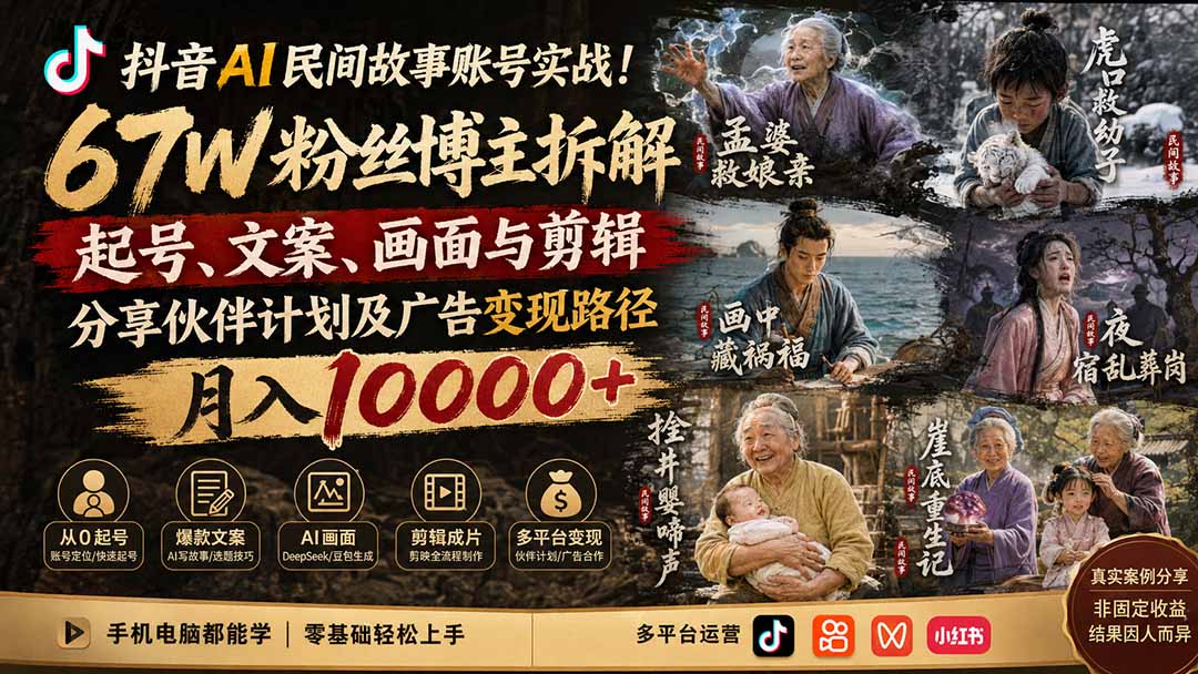 抖音AI民间故事账号实战！67W粉丝博主拆解起号、文案、画面与剪辑，分享伙伴计划及广告变现路径，月入10000+-超级会员网