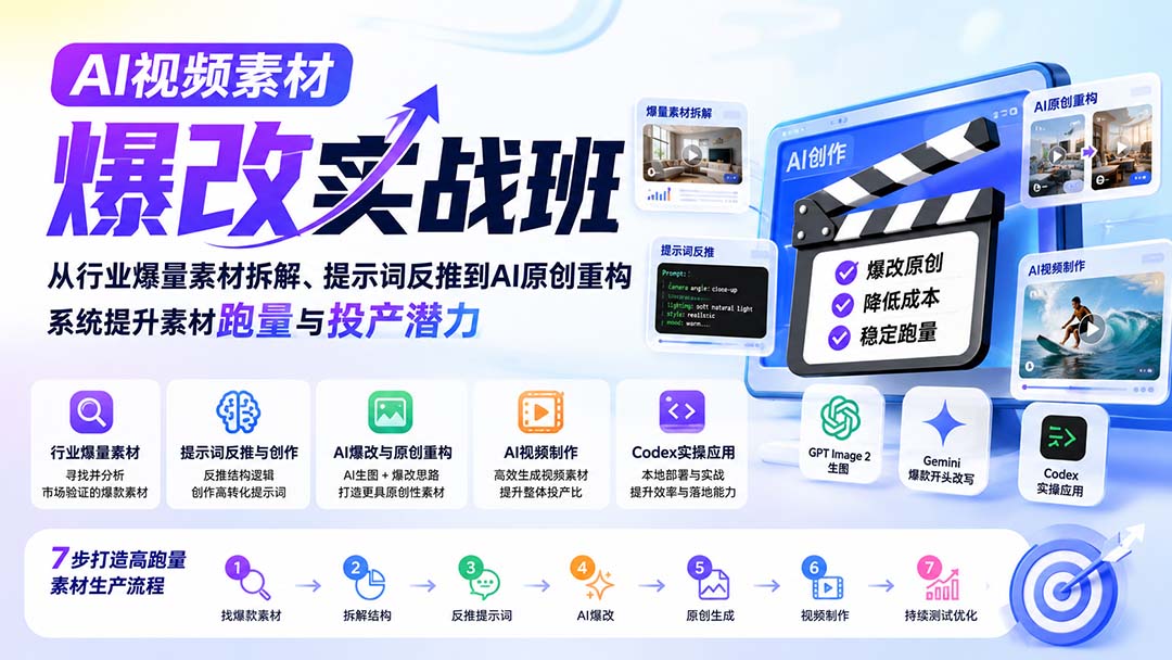 AI视频素材爆改实战班-更新8月：从行业爆量素材拆解、提示词反推到AI原创重构，系统提升素材跑量与投产潜力-超级会员网