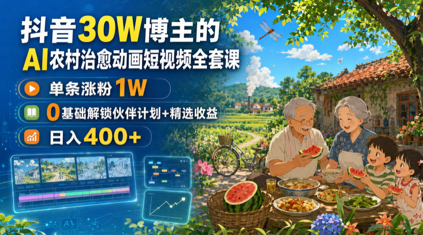 抖音30W博主的AI农村治愈动画短视频全套课｜单条涨粉1W，0基础解锁伙伴计划+精选收益，日入400+-超级会员网