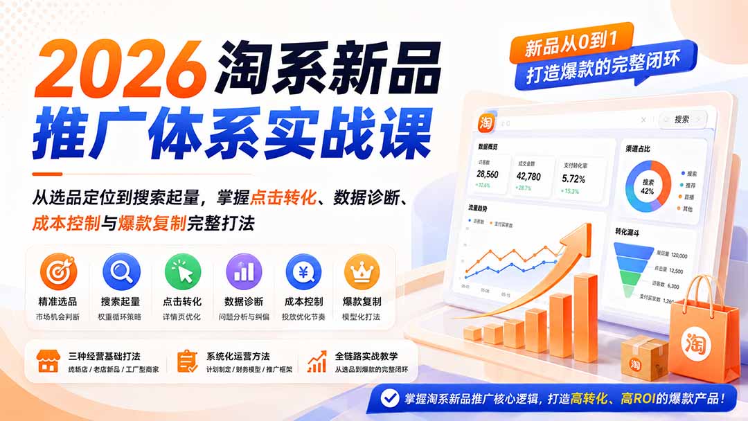2026淘系新品推广体系实战课：从选品定位到搜索起量，掌握点击转化、数据诊断、成本控制与爆款复制完整打法-超级会员网
