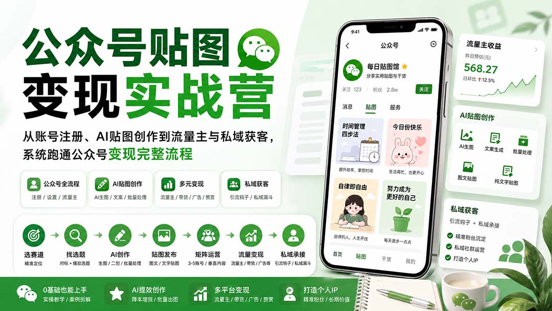 公众号贴图变现实战营：从账号注册、AI贴图创作到流量主与私域获客，系统跑通公众号变现完整流程-超级会员网