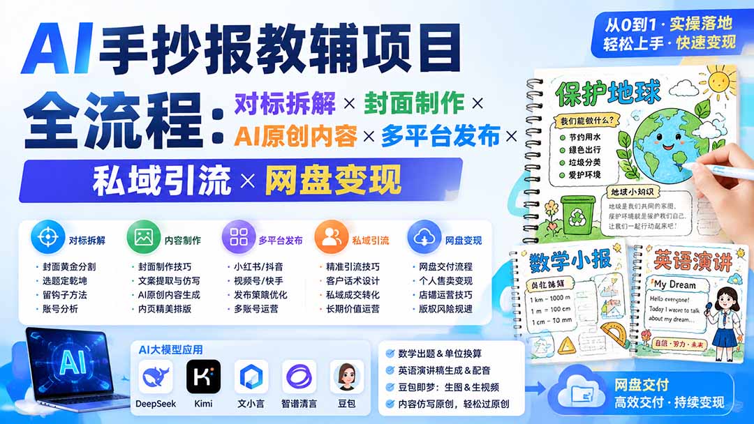 AI手抄报教辅项目全流程：对标拆解×封面制作×AI原创内容×多平台发布×私域引流×网盘变现-超级会员网