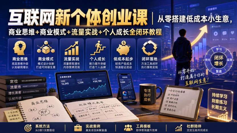 互联网新个体创业课｜从零搭建低成本小生意，商业思维+商业模式+流量实战+个人成长全闭环教程-超级会员网