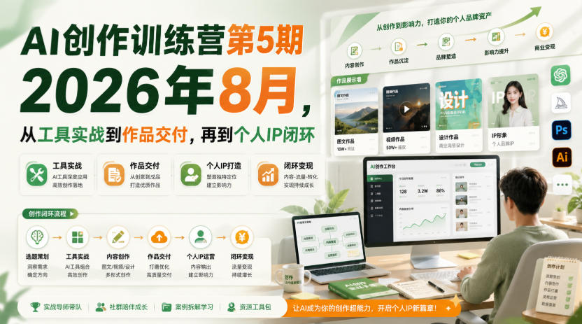 AI创作训练营第5期2026年8月，从工具实战到作品交付，再到个人IP闭环-超级会员网
