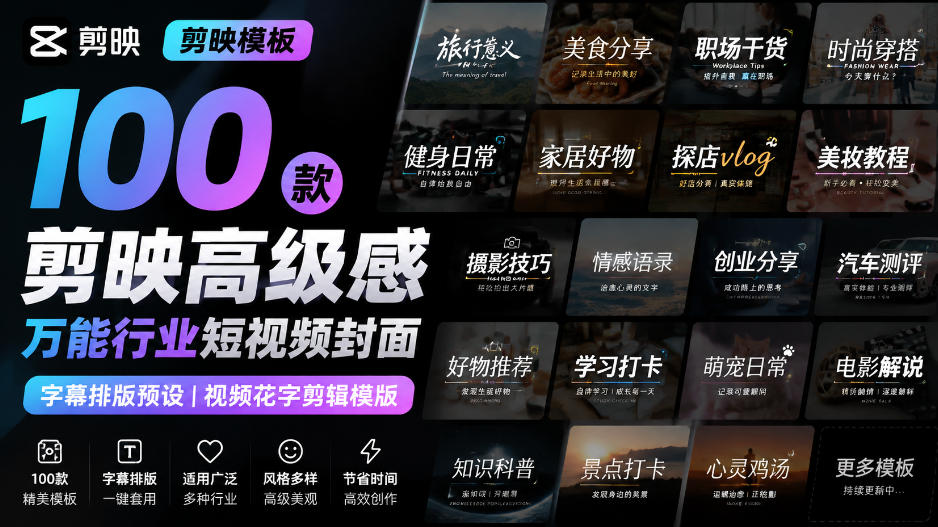 【剪映模板】100款剪映高级感万能行业短视频封面字幕排版预设视频花字剪辑模版-超级会员网