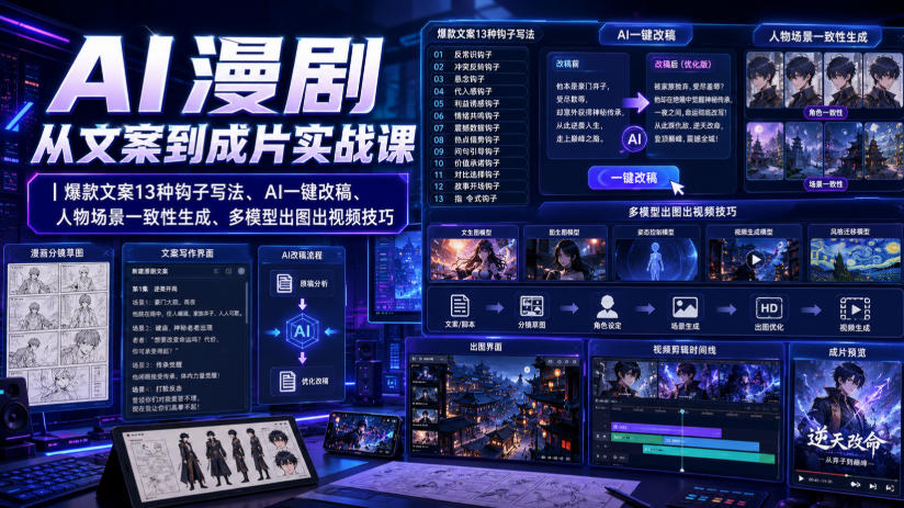 AI漫剧从文案到成片实战课｜爆款文案13种钩子写法、AI一键改稿、人物场景一致性生成、多模型出图出视频技巧-超级会员网
