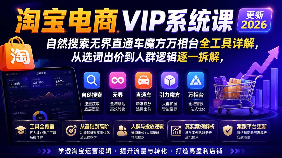 淘宝电商VIP系统课-更新8月；自然搜索无界直通车魔方万相台全工具详解，从选词出价到人群逻辑逐一拆解-超级会员网