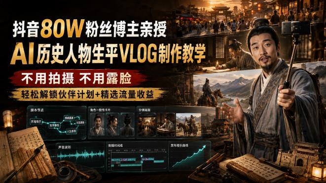 抖音80W粉丝博主的AI历史人物生平VLOG教学，不用拍摄不用露脸，AI帮你搞定，轻松解锁伙伴计划+精选收益-超级会员网