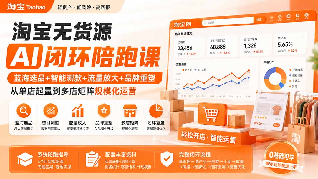 淘宝无货源AI闭环陪跑课：蓝海选品+智能测款+流量放大+品牌重塑，从单店起量到多店矩阵规模化运营-超级会员网