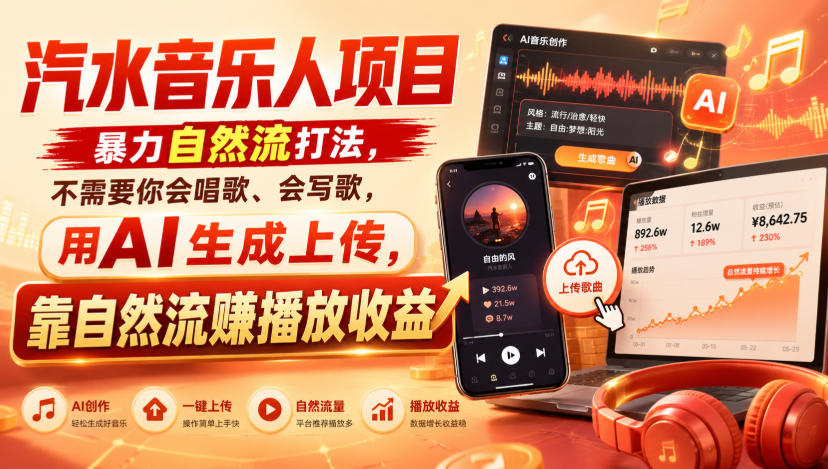 汽水音乐人项目，暴力自然流打法，不需要你会唱歌、会写歌，用AI生成上传，靠自然流賺播放收益-超级会员网
