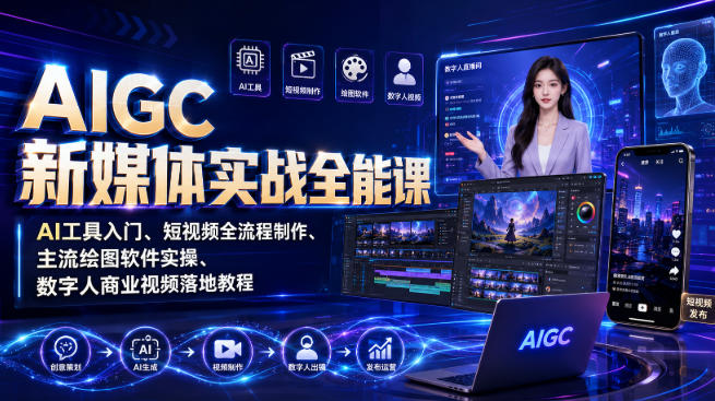 AIGC新媒体实战全能课｜AI工具入门、短视频全流程制作、主流绘图软件实操、数字人商业视频落地教程-超级会员网