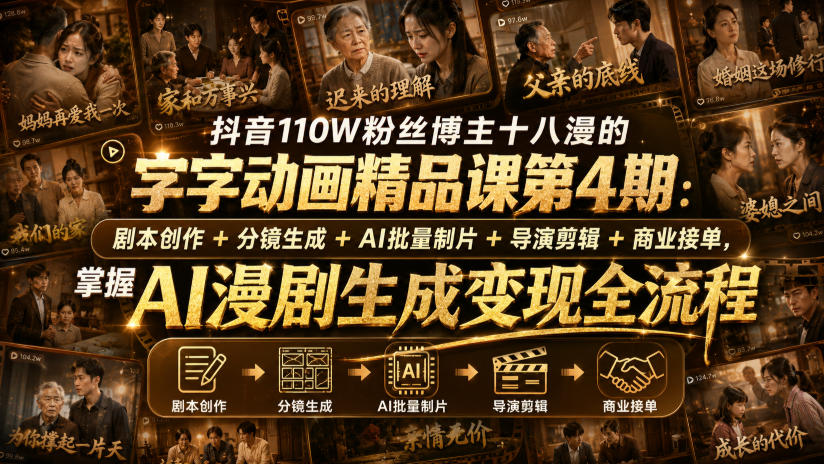 抖音110W粉丝博主十八漫的字字动画精品课第4期：剧本创作+分镜生成+剪辑+商业接单，掌握AI漫剧生成变现全流程-超级会员网