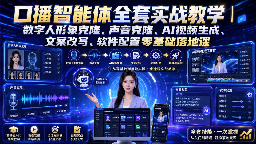 口播智能体全套实战教学｜数字人形象克隆、声音克隆、AI视频生成、文案改写、软件配置零基础落地课-超级会员网