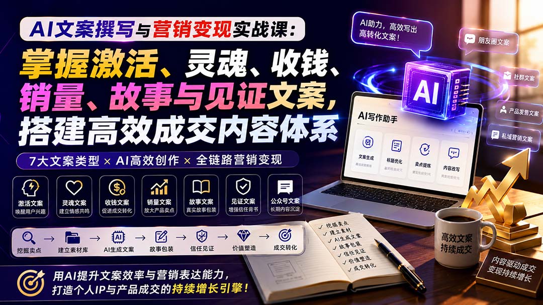 AI文案撰写与营销变现实战课：掌握激活、灵魂、收钱、销量、故事与见证文案，搭建高效成交内容体系-超级会员网